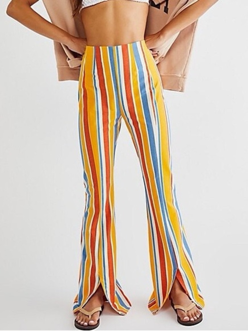 FREE PEOPLE • NWT Real deal Striped High-Waist Flare Pants split front Large